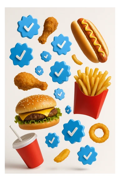 fast food realistico fluttua in aria insieme a spunte di verificato in 3d, sfondo bianco sticker