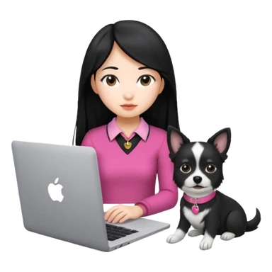 Asian girl with long black hair working on an Apple laptop, next to her is a small black and white dog with pink collar on  sticker