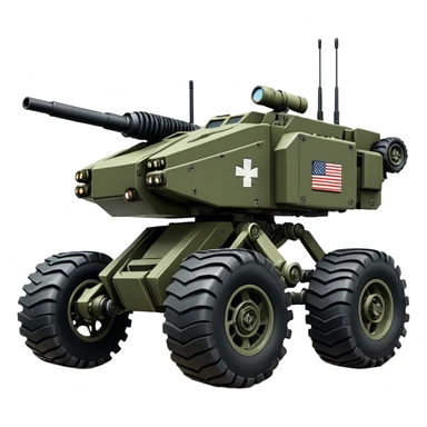 a roomy American 8-wheel armored medical personnel stealth camouflage army massive mech trail vehicle shooting forward side-hill leaning actively robotically articulating hydraulic independent suspended pod gimbal enemy mech off-road racing rover with large fast engine RC basher crawler megatron  sticker