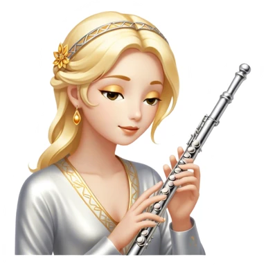 Cinematic Realistic Flute, polished silver metal with precise keywork, warm golden reflections dancing along its surface, soft hands carefully positioned over the keys, glowing with an elegant and airy charm. sticker