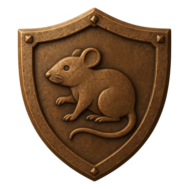 Transform the diamond shield into a bronze shield with a slightly worn texture. Change the bird engraving in the center to a rat engraving. The style should resemble emoji style with a transparent background. sticker