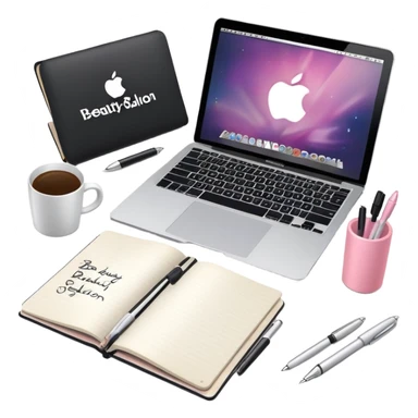 top view of a MacBook and a notebook with a pen nearby, notebook with visible notes, MacBook screen showing a beauty salon logo sticker