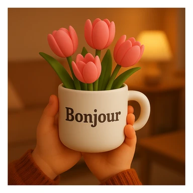 A pair of hands holding a white mug filled with pink tulips, with the word "Bonjour" written on the mug, in a 3D iOS style, with a warm, cozy setting, with a background. sticker