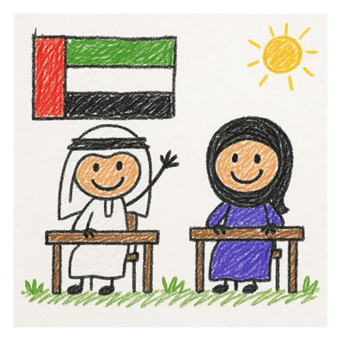 smiling Emirati boy and girl sitting at desks, one raising their hand, UAE flag draped on the wall, bright and engaging style for children sticker