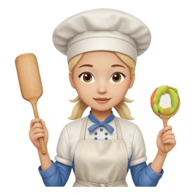 Young female pastry chef - single ponytail, apron, wearing a white hat, holding a rolling pin sticker