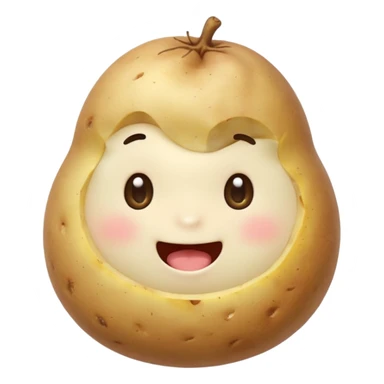 cute emoji-style character happily eating a potato, round face, big sparkling eyes, soft colors, blushing cheeks, holding a steaming potato with a bite taken out, friendly and cheerful expression, simple and adorable design like LINE or Kakao Friends style sticker