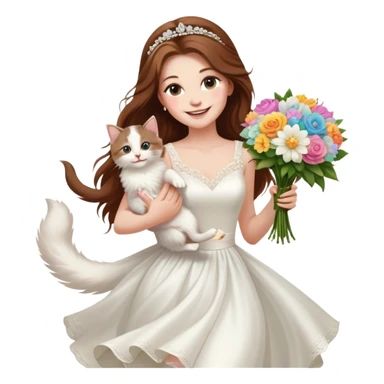 White woman - long hair - white wedding dress - holding a kitten - happy - jumping - fashionable - elegant - bouquet - dreamy - colorful - pearl accessories sticker