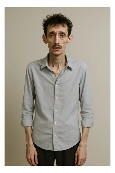 uomo che ha perso massa ed è piatto muscolarmente, lui è in piedi e si vede il fisico debilitato sticker