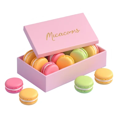 a box of macarons with a handwritten label, glossy, pastel colors, cozy and inviting, iOS 3D emoji style sticker