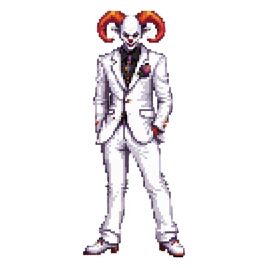 full-body demonic clown in a white leisure suit with bellbottom pants, bald, with black ram horns, wearing elevator shoes sticker