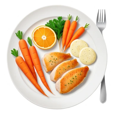 A plate with chicken, fish fillet, and bright orange carrots, with vitamin A nutrition labels sticker