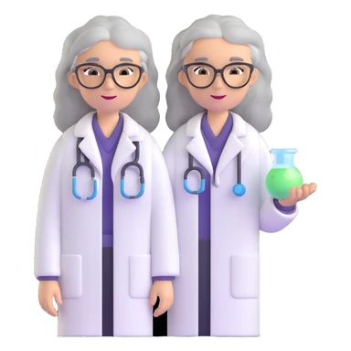woman science teacher with long graying hair, wearing a lab coat sticker