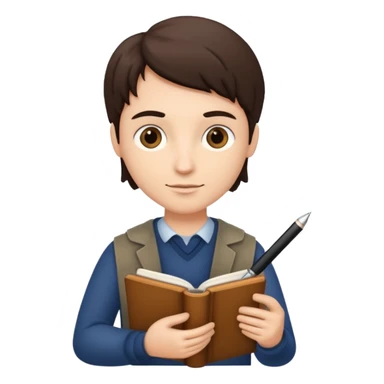 writer holding pen and book sticker