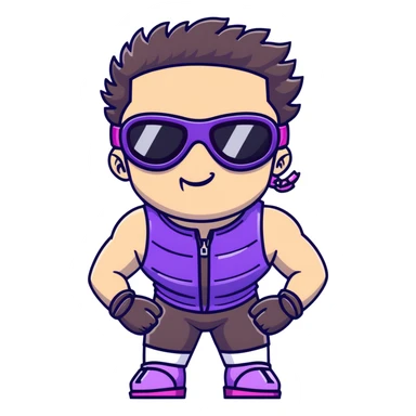 close-up of bad guy male athlete with white skin and moderately curly dark brown hair on top with shaved sides, wearing ski goggles with purple frames and very dark black lenses, a simple plain black chain necklace, and a completely unzipped sleeveless vest with purple and black sequin fire pattern design with no logo, pulling his tongue out very far in an exaggerated mocking gesture, looking menacing and villainous sticker