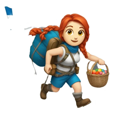 red hair female winter mountaineer climbing with Easter eggsbasket and Greek flag sticker