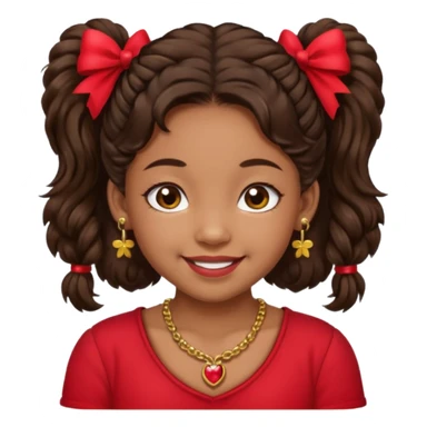 Brownskin girl dark brown hair fluffy. pigtails with red bows brown eyes smiling closed mouth red shirt gold esrrings gold necklace sticker