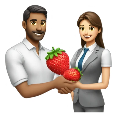 job applicant with recruiter holding a strawberry sticker