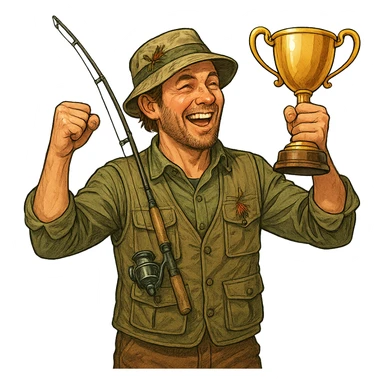 a male fisherman celebrating with a trophy cup, outdoors, happy sticker