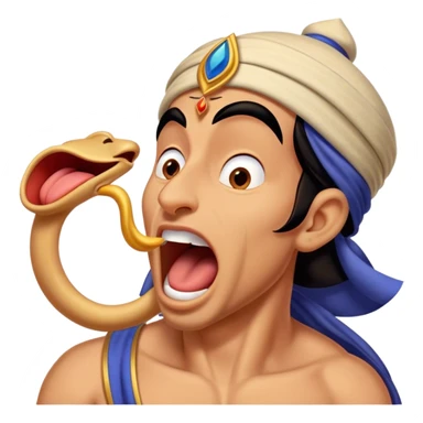 Cinematic Realistic Aladdin Portrait, head tilted slightly with a dramatic, wide-open yawn, revealing a relaxed, yet still vigilant expression. The lifelike textures of his skin and carefully rendered fabric of his attire combine with warm, ambient lighting to capture a moment of endearing, laid-back heroism. sticker
