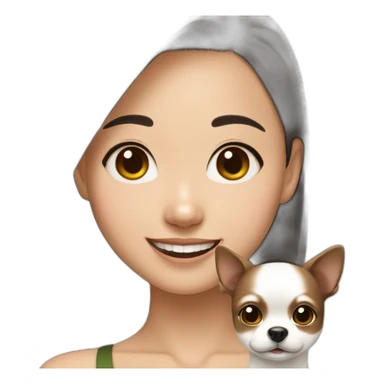 Asian Girl with brown hair white strands of hair and smiling and small black chiwawa  sticker