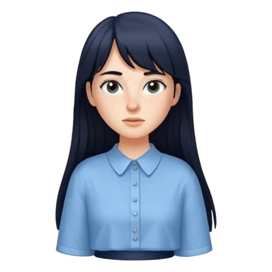 hair : black long hair with fringe 
skin : light with freckelt
cloth : oversize light blue shirt + navy long long skirt 
 sticker