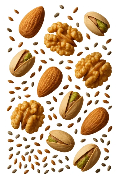 Mandorle, noci, pistacchi, semi di lino e di chia FLUTTUANO IN ARIA, IPERREALISTICO 4K sticker