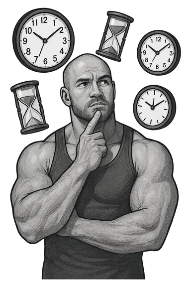 bodybuilder pensieroso che si tiene l'indice sul mento, alle sue spalle fluttuano clessidre e orologi da muro sticker