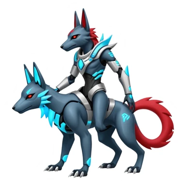 White and blue and cyan and red cyberpunk intricate neon glowing grey white futuristic cyborg-Anubis-Zeraora-Zoroark-fusion (full body) sticker
