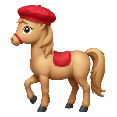 Adorable cartoon pony (small horse) emoji, full body, standing in profile view facing sideways. It has big, sparkling eyes and a friendly smile. It is wearing a cute red beret tilted to one side.  sticker