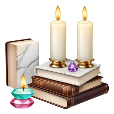 Aesthetic candles, flower petals, books, marble stand, gemstones sticker