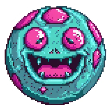 bright pink planet with darker pink spots and an angry face with gritted teeth sticker