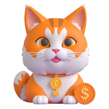 playful and bold cat inspired by the Bitcoin logo, orange and white colors, with a coin motif sticker