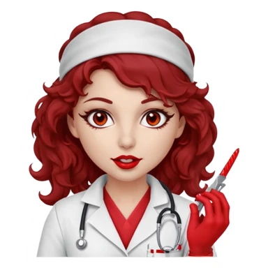 Lilith scalpel in hand, evil surgeon sexy surgeon clothes.  She has red eyes. Dark brown curly hair. Wears sexy doctor outfit with red gloves.covers her mouth necknose with red bandana to hide  her identity. Hair is long and brown hair is free but bandana must cover her mouth sticker