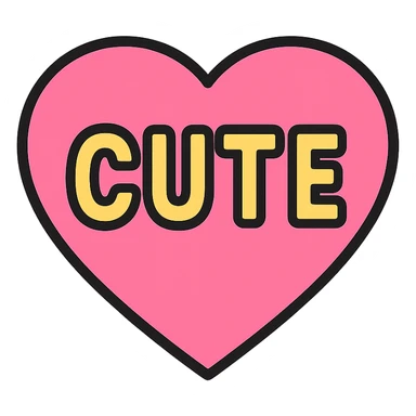 pink heart with the word CUTE in bold text, color outline icon style sticker