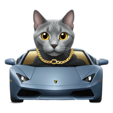 Russian Blue cat wearing a gold Cuban chain driving a Lamborghini sticker