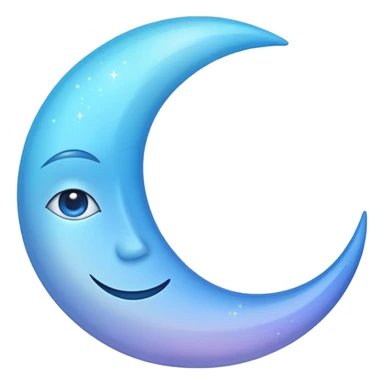 sparkly glossy pastel blue-gradient crescent moon with a subtle face sticker