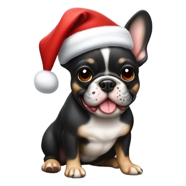 A small, black-and-tan French bulldog with a mostly black face and tan paws, wearing a classic red and white Santa hat, sitting happily with its tongue slightly out. sticker