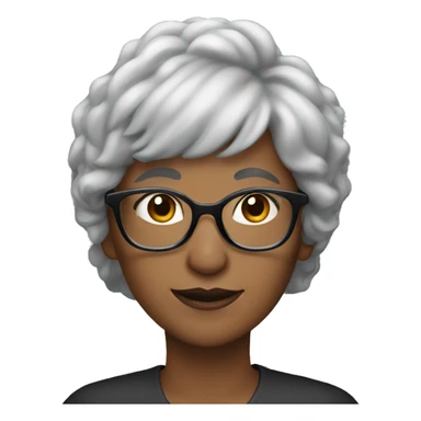 woman with grey hair and bangs, older black glasses sticker