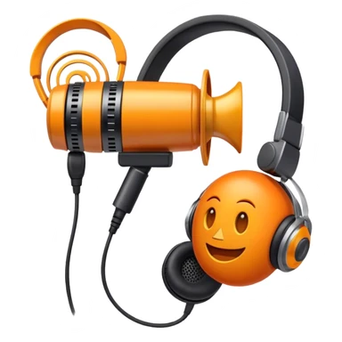 Create a dynamic and creative emoji that represents voiceover and dubbing. The design should feature a microphone, a pair of studio headphones, and sound waveforms to symbolize the recording and manipulation of voice. Add subtle details like a film reel or a speech bubble to represent the dubbing aspect. Use vibrant colors like orange, red, or purple to evoke energy and creativity in voiceover work. The background should be transparent. sticker