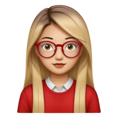 20 yr old asian woman, straight thick long brown hair, blond at ends of hair, center part to hair, big red glasses, brown eyes, casual shirt sticker