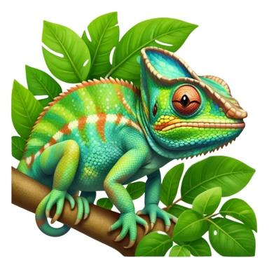 giant-chameleon-realistic emoji,-blending-with-vibrant-greenery.-detailed-scales-in-shifting-colors,-showing-the-chameleon’s-ability-to-camouflage.-soft-natural-light-highlights-its-texture.-nature-background, zoomed into its face sticker