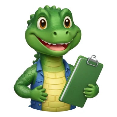 A cartoon gator with a clipboard and a pencil against a light green circle background sticker