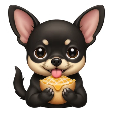 Fat black chihuahua eating sticker
