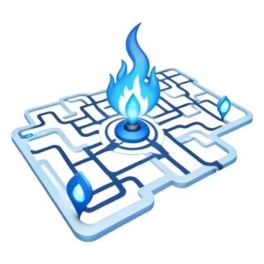 a map with a glowing blue flame on the x and networking paths sticker