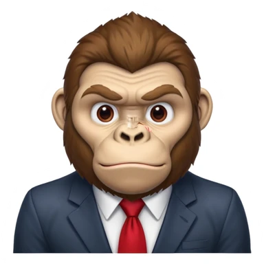 Brown haired cartoon gorilla with tufted tip of hair on the top of his head, light skin tone, heavy brows and cartoony eyes, he is a strong ape with and a red tie x💪🦍 sticker
