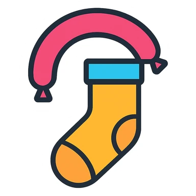 stylized icon of a sock and sausage combined, outlined with a pop of color, designed for digital use sticker