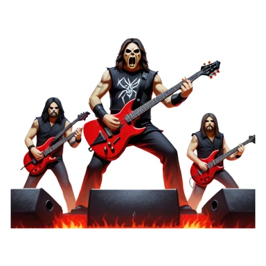 Icon for Heavy Metal: Slayer band on stage during a live concert, with guitars, drums, and intense lighting effects. The atmosphere is charged with energy, and the iconic Slayer logo is visible. Transparent background. sticker