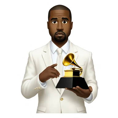 Kanye West wear white suit holding a Grammy sticker