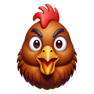 Cinematic Comical Brown Chicken Portrait Emoji, Head tilted dramatically with an exaggeratedly amused expression, featuring a striking, glossy brown plumage with a vibrant red comb, wide, expressive beady eyes filled with playful disbelief, Simplified yet hilariously expressive features, highly detailed, glowing with a slightly sassy glow, high shine, dramatic yet playful, stylized with an air of cheeky mischief, bright and endearing, soft glowing outline, capturing the essence of a spirited and over-the-top chicken, so meme-worthy it feels like it could cluck its way into internet fame instantly! sticker