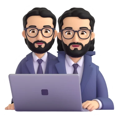 professional middle eastern businessman with well-groomed medium length black beard, neat black hair, connected eyebrows, elongated nose, tan skin, brown eyes, modern glasses, wearing perfectly pressed business casual outfit, efficiently working on a laptop sticker
